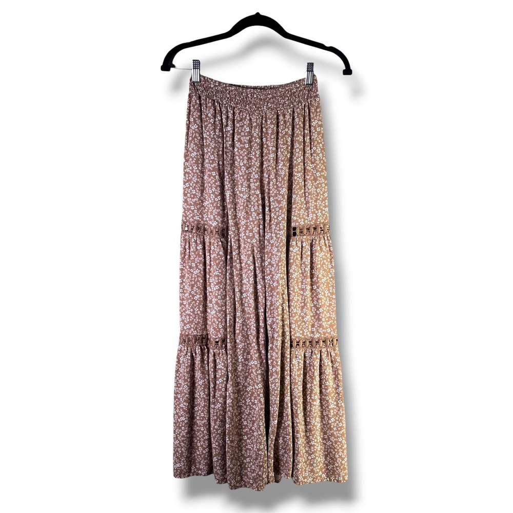 Rachel Paige Womens Sz Small Wide Leg Pants Brown Floral Cottagecore Prairie